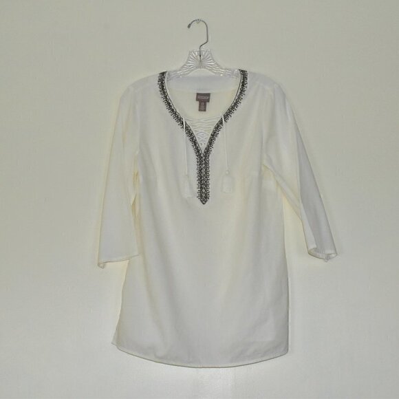 Chico's Embellished Neck Pullover Tunic Lace Up Top With Tassels Size S/4 - Picture 2 of 9